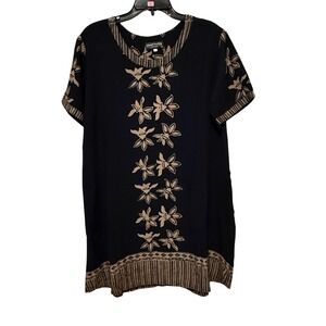 Island Feeling Black Tan Floral Batik Shift Dress Womens Size L Resort Coastal